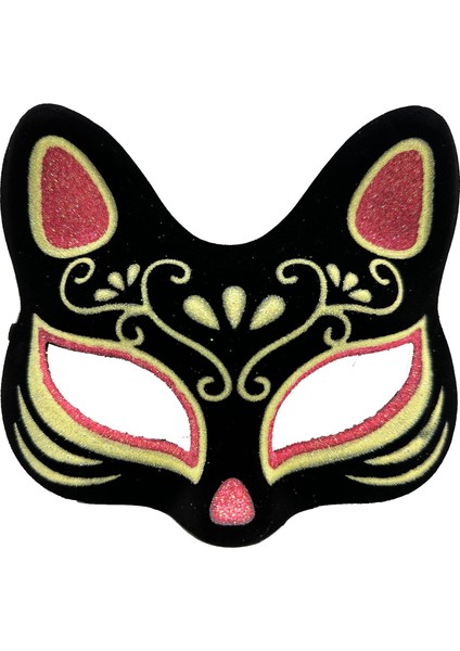 Ieg® Siyah Renk Süet Kaplama Üzeri Kırmızı Sarı Simli Kedi Maskesi 17X14 cm (4887)