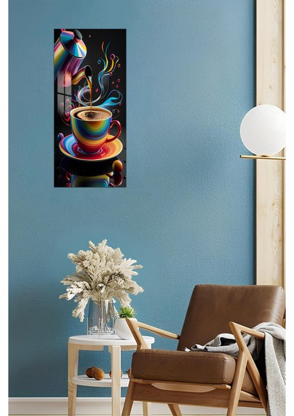 3D Görünümlü Temperli Cam Tablo – Renkli Kupa ve Kahve Akışı Temalı Uv Baskı 30X60 cm - DCT133 modelleri