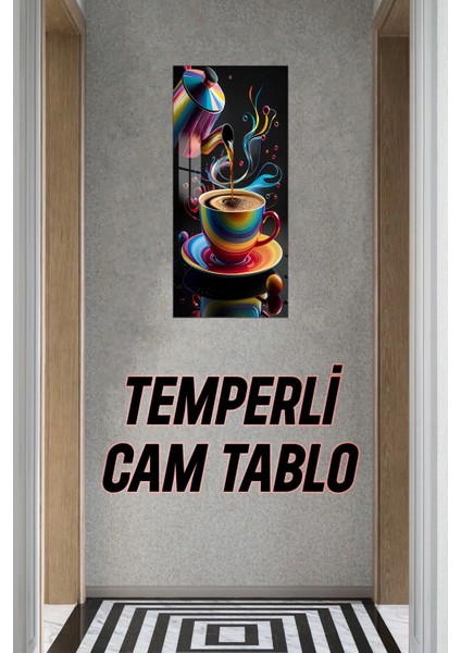 3D Görünümlü Temperli Cam Tablo – Renkli Kupa ve Kahve Akışı Temalı Uv Baskı 30X60 cm - DCT133