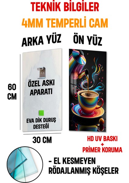 3D Görünümlü Temperli Cam Tablo – Renkli Kupa ve Kahve Akışı Temalı Uv Baskı 30X60 cm - DCT133