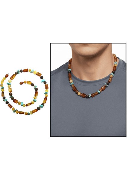 Doğal Form Çok Renkli Firuze Doğaltaş Süslemeli Hakiki Damla Kehribar Erkek Kolye fiyatları