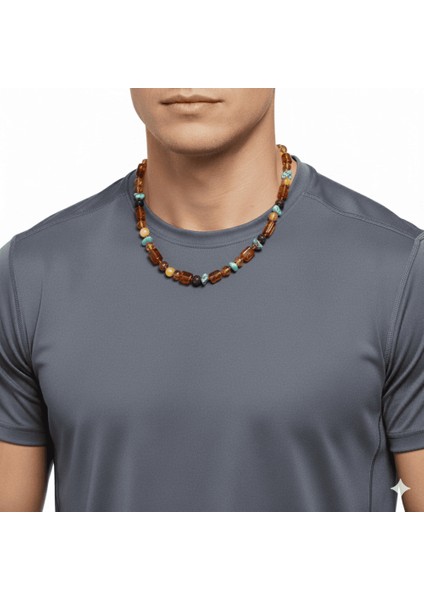 Doğal Form Çok Renkli Firuze Doğaltaş Süslemeli Hakiki Damla Kehribar Erkek Kolye modelleri