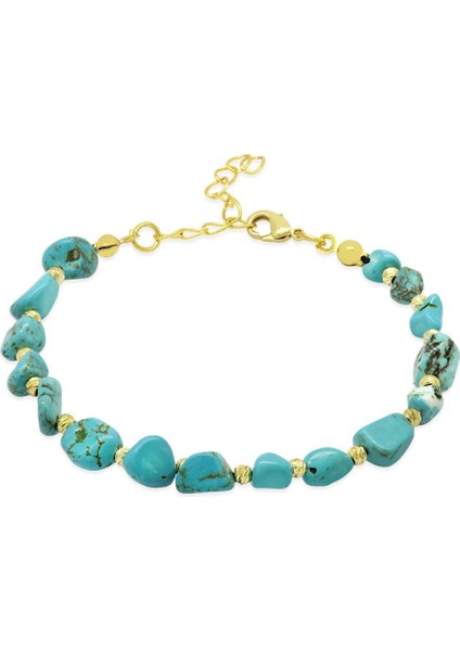 Altın Renk Metal Zincirli Dorika Top Süslemeli Amorf Turkuaz Firuze Doğaltaş Kadın Bileklik
