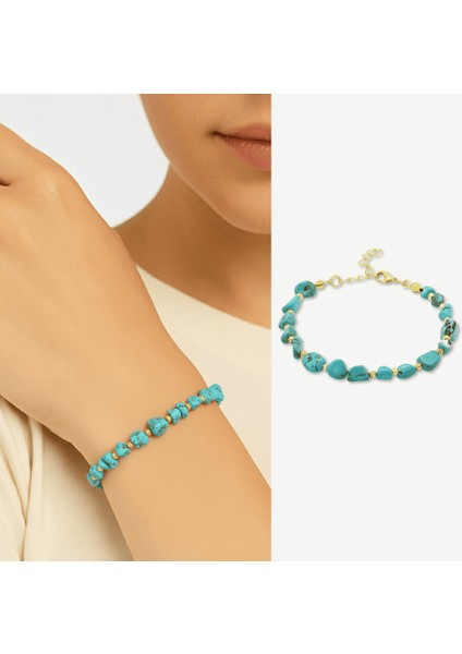 Altın Renk Metal Zincirli Dorika Top Süslemeli Amorf Turkuaz Firuze Doğaltaş Kadın Bileklik fiyatları