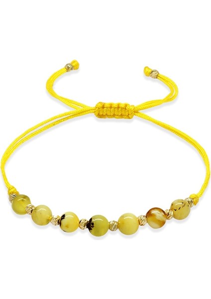 Makrome Örgülü Küre Kesim Sarı Ipli Dorika Toplu Sarı Beyaz Renk Doğal Damla Kehribar Kadın Bileklik