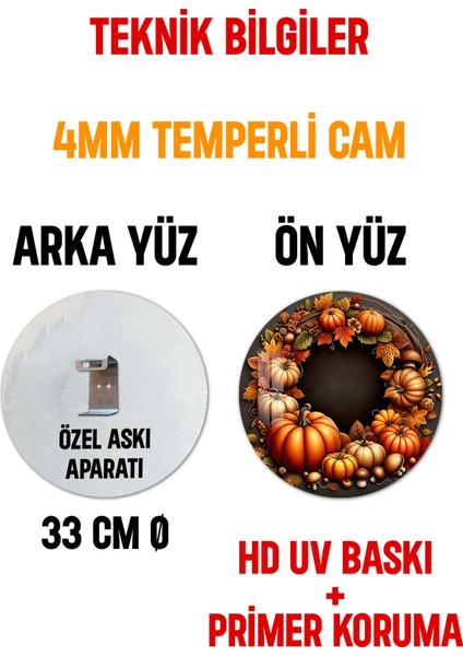 3D Görünümlü Temperli Cam Tablo – Balkabağı ve Sonbahar Temalı Duvar Süsü Uv Baskı 33X33 CM-CDS140