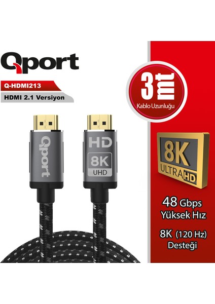 Qport Q-HDMI213 HDMI Kablo 3 mt 2.1V 8k Altın Uçlu Örgülü