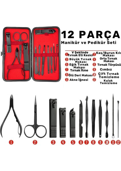 12 Parça Profesyonel Manikür Pedikür Seti – Paslanmaz Çelik | Siyah Seyahat Taşınabilir