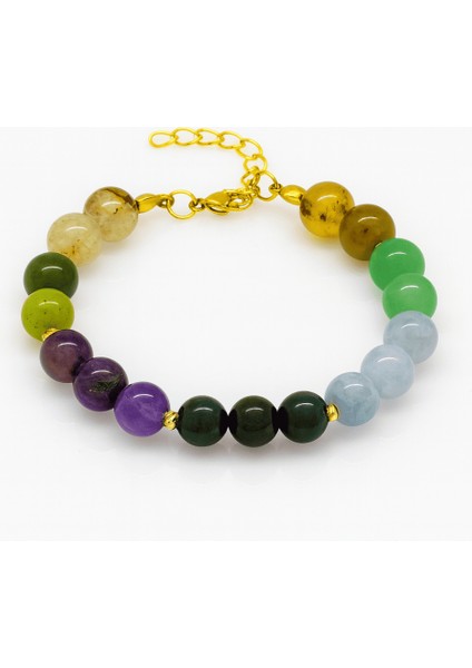 Gold Renk Kararmaz Metal Zincirli Küre Kesim Çoklu Doğaltaş Kombinli Kadın Şifa Bilekliği