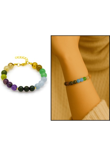 Gold Renk Kararmaz Metal Zincirli Küre Kesim Çoklu Doğaltaş Kombinli Kadın Şifa Bilekliği fiyatları