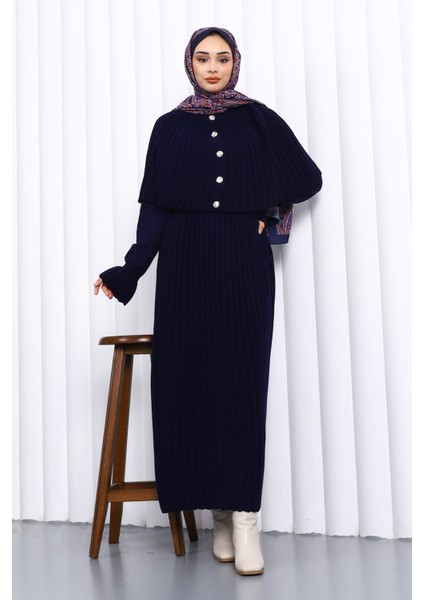 Lacivert Pelerin Detaylı Uzun Triko Elbise