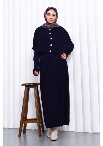 Lacivert Pelerin Detaylı Uzun Triko Elbise fiyatları