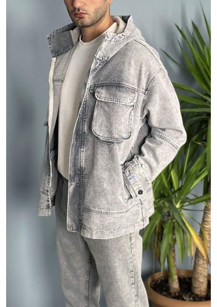 Kapüşonlu Kargo Cepli Gri Kot Mont