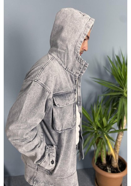 Kapüşonlu Kargo Cepli Gri Kot Mont modelleri