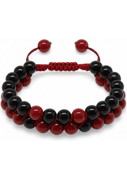 Çift Sıra Makrome Örgülü Küre Kesim Kırmızı Siyah Akik Oniks Doğaltaş Kadın Taraftar Bileklik
