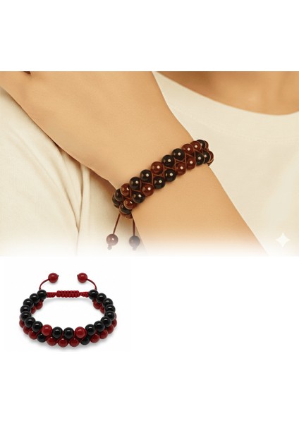 Çift Sıra Makrome Örgülü Küre Kesim Kırmızı Siyah Akik Oniks Doğaltaş Kadın Taraftar Bileklik fiyatları