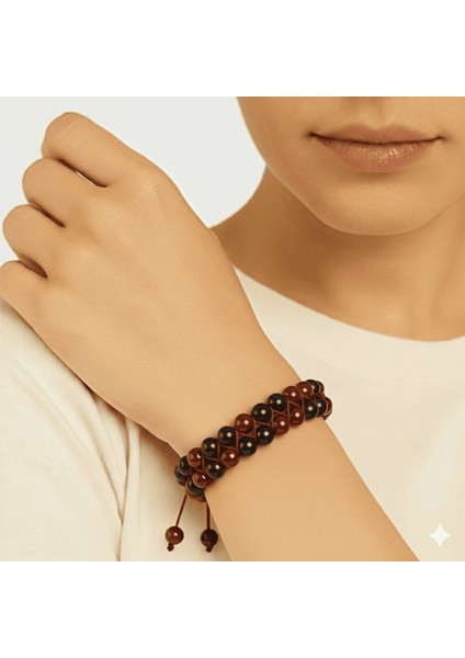 Çift Sıra Makrome Örgülü Küre Kesim Kırmızı Siyah Akik Oniks Doğaltaş Kadın Taraftar Bileklik modelleri