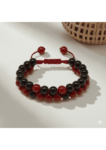 Çift Sıra Makrome Örgülü Küre Kesim Kırmızı Siyah Akik Oniks Doğaltaş Kadın Taraftar Bileklik fırsatları