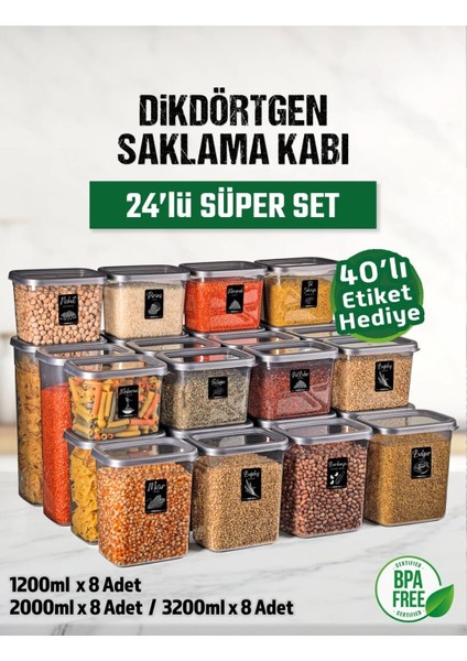 24 Adet 48 Parça 1,2-2,0-3,2 Litre Dikdörtgen Erzak Bakliyat Saklama Kabı 40 Etiket Hediyeli