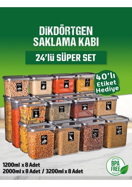 24 Adet 48 Parça 1,2-2,0-3,2 Litre Dikdörtgen Erzak Bakliyat Saklama Kabı 40 Etiket Hediyeli fiyatları