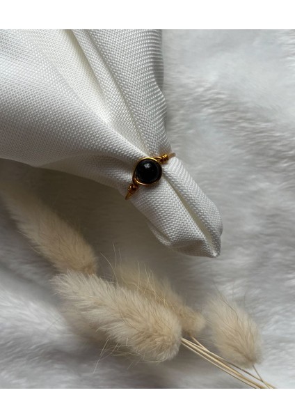 Siyah Turmalin Taşı Ayarlanabilir Altın Renk Tel Yüzük