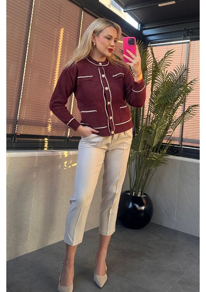 Bordo Cep Detaylı Burgu Şeritli Inci Düğmeli Hırka