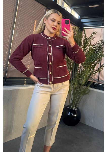 Bordo Cep Detaylı Burgu Şeritli Inci Düğmeli Hırka fiyatları