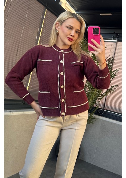 Bordo Cep Detaylı Burgu Şeritli Inci Düğmeli Hırka modelleri