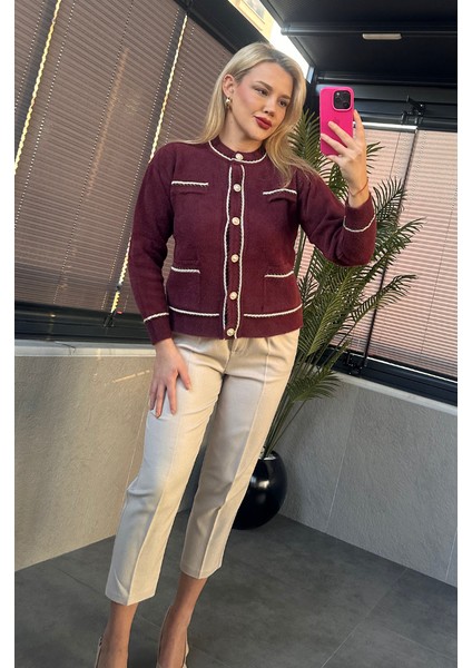 Bordo Cep Detaylı Burgu Şeritli Inci Düğmeli Hırka fırsatları