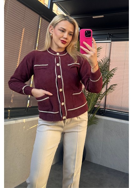 Bordo Cep Detaylı Burgu Şeritli Inci Düğmeli Hırka indirimleri