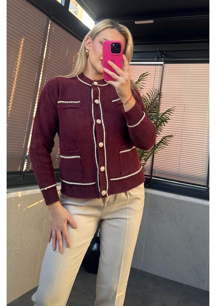 Bordo Cep Detaylı Burgu Şeritli Inci Düğmeli Hırka