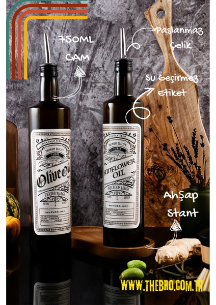 750ML Retro Serisi Ahşap Stantlı Zeytinyağı Şişesi ve Ayçiçek Yağı Şişesi