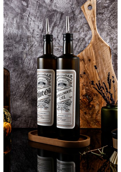 750ML Retro Serisi Ahşap Stantlı Zeytinyağı Şişesi ve Ayçiçek Yağı Şişesi modelleri