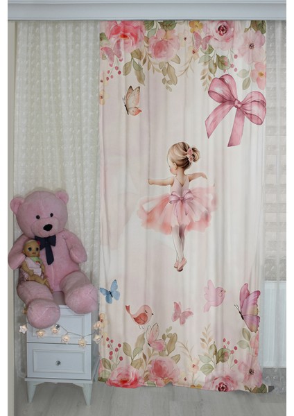 Balerin Kelebek ve Çiçekli Çift Kanatlı Çocuk Odası Perdesi