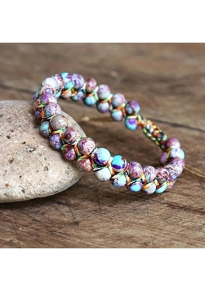 Doğal Taş Bileklik – El Yapımı Makrome Tasarım – Çok Renkli Jasper Doğal Taş – Ayarlanabilir Unisex Bileklik