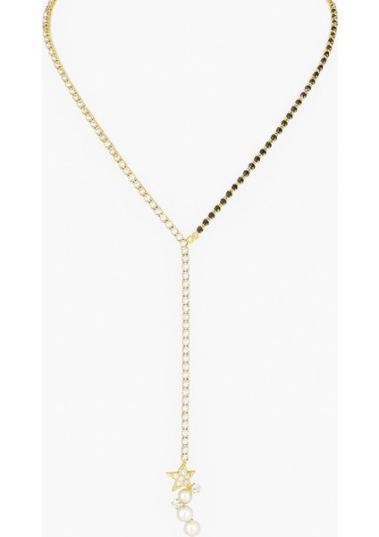 Çelik Lariat Y Kolye Yıldız Inci Detaylı Kararmaz Zirkon Taşlı Abiye Takı