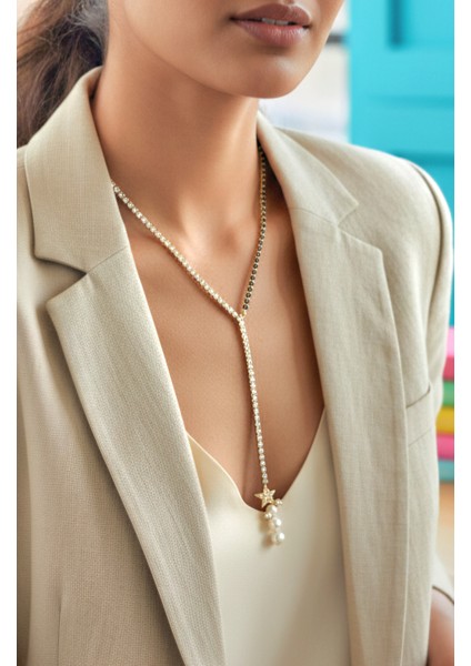 Çelik Lariat Y Kolye Yıldız Inci Detaylı Kararmaz Zirkon Taşlı Abiye Takı fiyatları