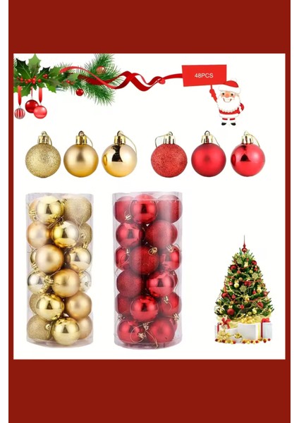 48 Parça Noel Ağacı Süs Seti | Kırmızı & Altın Iki Tonlu Plastik Yılbaşı Topları | Çiçek Desenli Dekoratif Süsler | Kış & Tatil Temalı Asma Aksesuarları