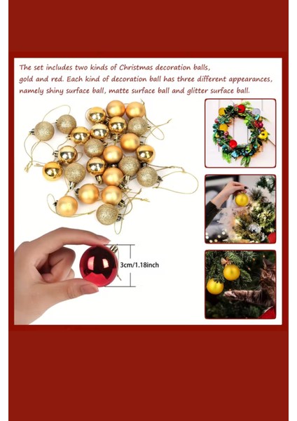 48 Parça Noel Ağacı Süs Seti | Kırmızı & Altın Iki Tonlu Plastik Yılbaşı Topları | Çiçek Desenli Dekoratif Süsler | Kış & Tatil Temalı Asma Aksesuarları fiyatları