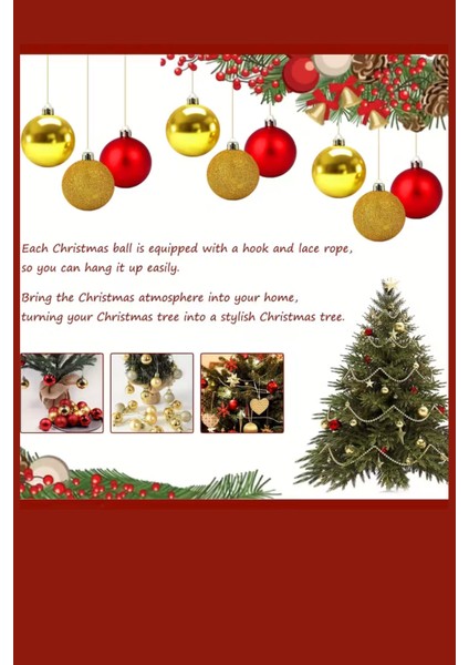 48 Parça Noel Ağacı Süs Seti | Kırmızı & Altın Iki Tonlu Plastik Yılbaşı Topları | Çiçek Desenli Dekoratif Süsler | Kış & Tatil Temalı Asma Aksesuarları modelleri