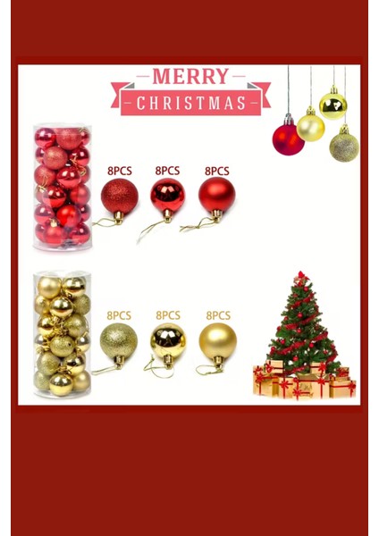 48 Parça Noel Ağacı Süs Seti | Kırmızı & Altın Iki Tonlu Plastik Yılbaşı Topları | Çiçek Desenli Dekoratif Süsler | Kış & Tatil Temalı Asma Aksesuarları fırsatları
