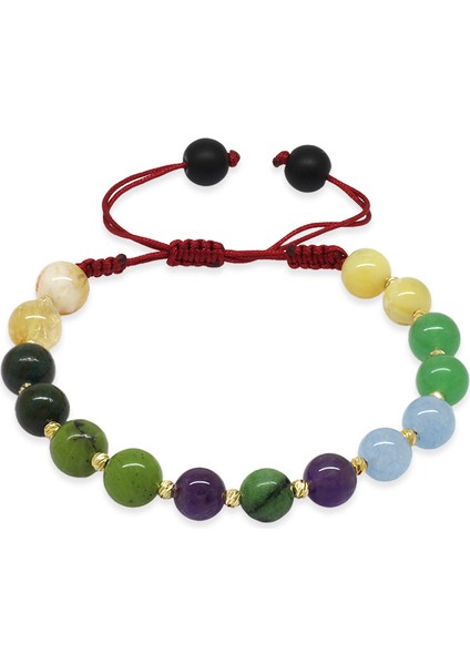 Makrome Örgülü Küre Kesim Dorika Top Süslemeli Çoklu Doğaltaş Kombinli Kadın Şifa Bilekliği