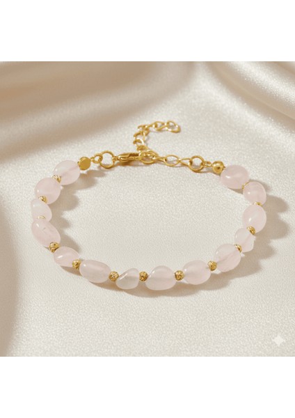 Altın Renk Metal Zincirli Dorika Top Süslemeli Amorf Pembe Kuvars Doğaltaş Kadın Bileklik fırsatları