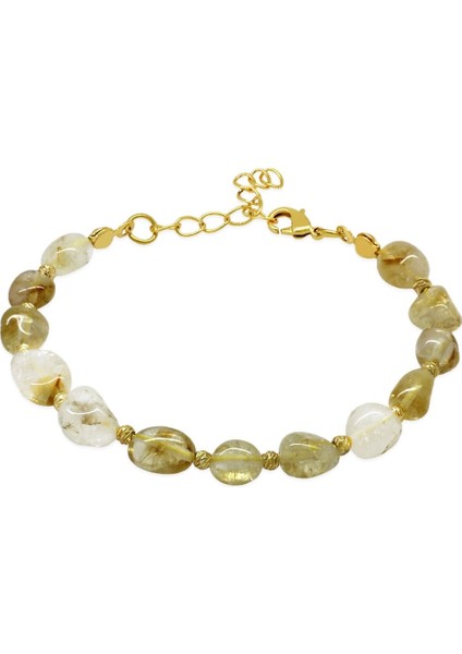 Altın Renk Metal Zincirli Dorika Top Süslemeli Amorf Sitrin Doğaltaş Kadın Bileklik