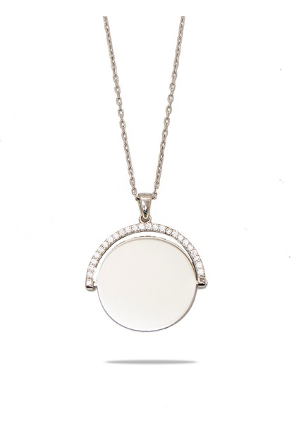 Zirkon Taşlı Yuvarlak Model Gümüş Renk Isme Özel Yazılı 925 Ayar Gümüş Kadın Kolye
