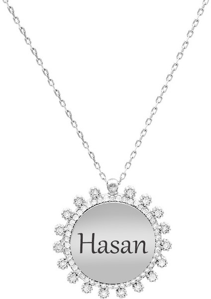 Zirkon Taşlı Güneş Tasarım Gümüş Renk Isme Özel Yazılı 925 Ayar Gümüş Kadın Kolye