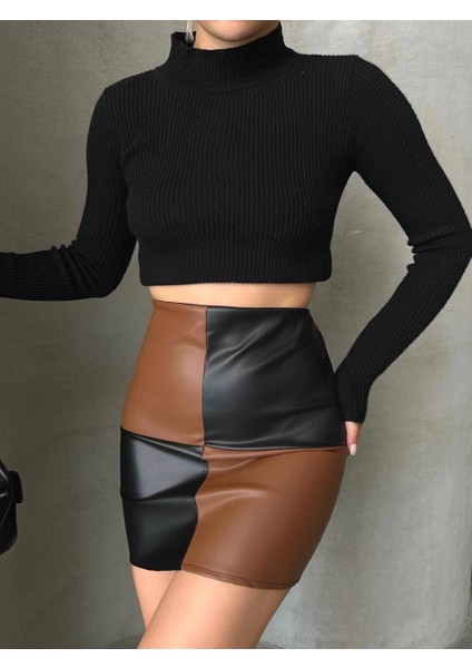 Lvsqvr Damalı Deri Etek Siyah Kahve W24648 (Beden: M)