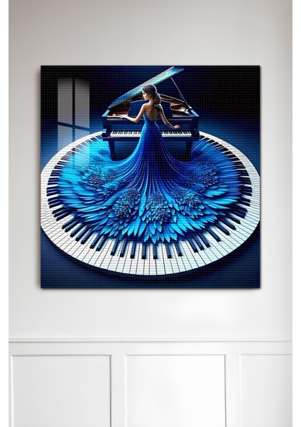 3D Görünümlü Temperli Cam Tablo – Mavi Elbiseli Piyanist Tasarımı Uv Baskı 33X33 CM-CTK108 fiyatları