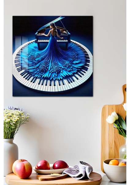3D Görünümlü Temperli Cam Tablo – Mavi Elbiseli Piyanist Tasarımı Uv Baskı 33X33 CM-CTK108 modelleri