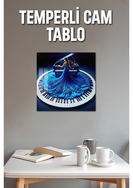 3D Görünümlü Temperli Cam Tablo – Mavi Elbiseli Piyanist Tasarımı Uv Baskı 33X33 CM-CTK108